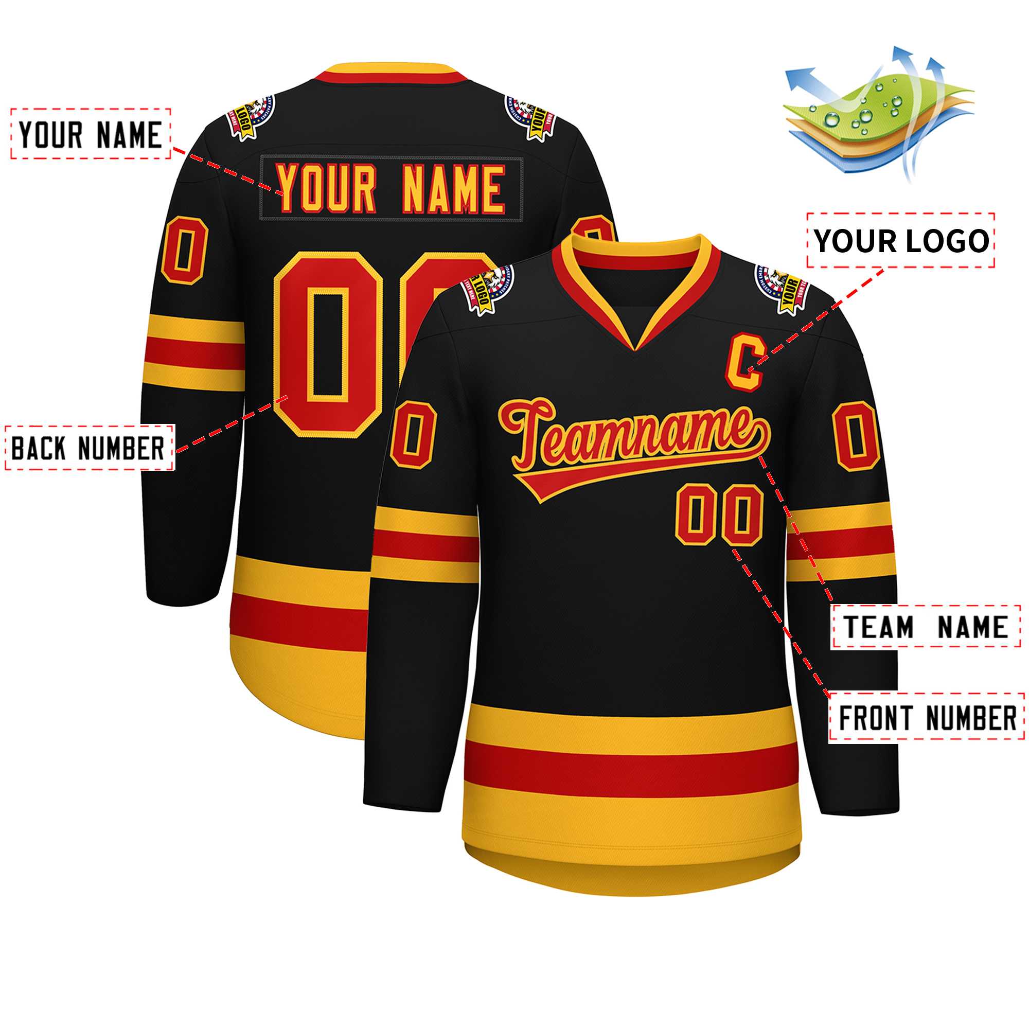 Custom Black Red-Gold Classic Style Hockey Jersey