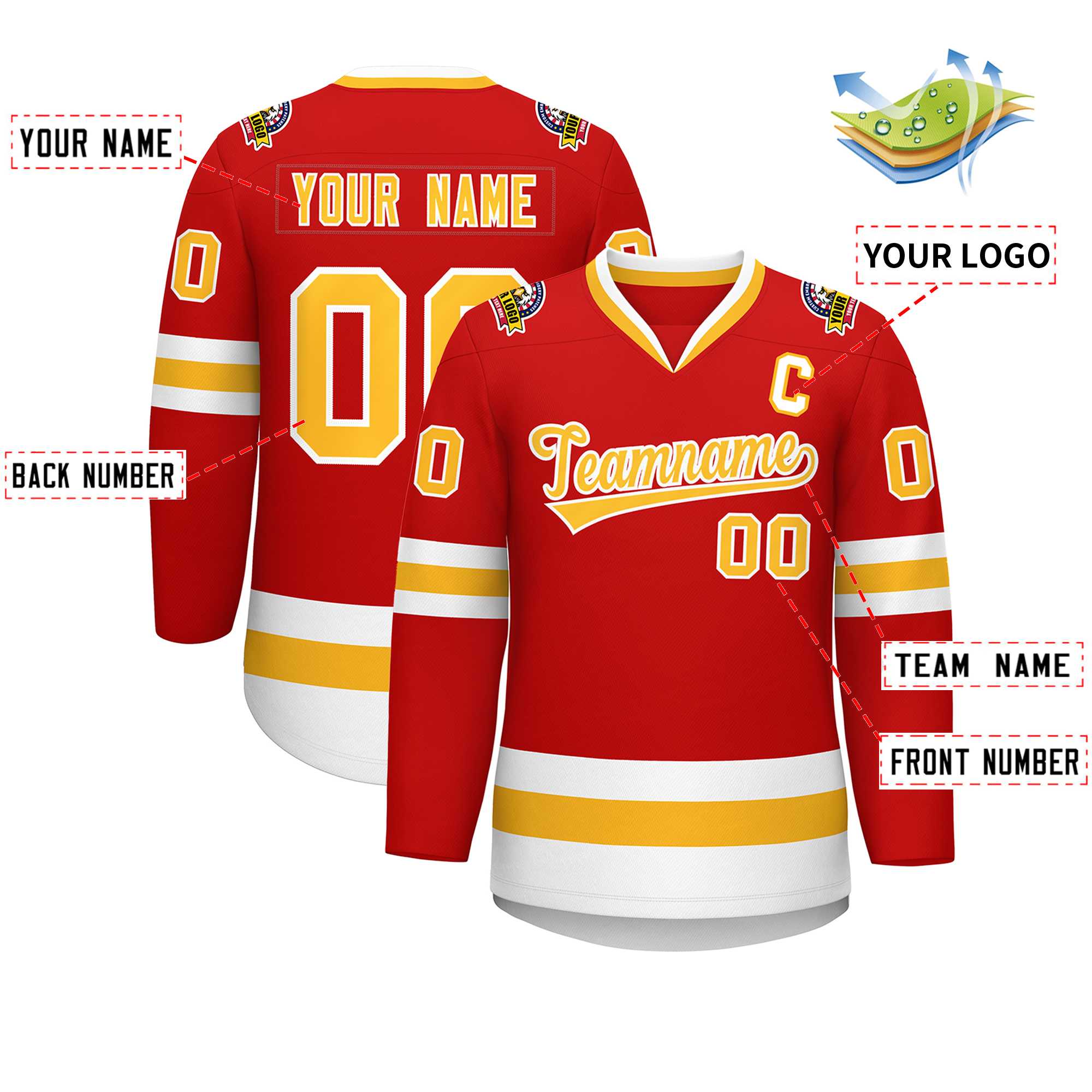 Maillot de hockey de style classique personnalisé rouge or-blanc