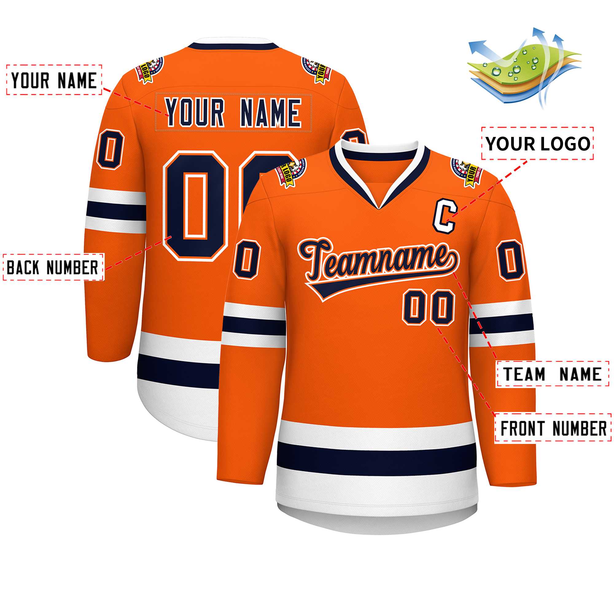 Maillot de hockey de style classique orange marine orange-blanc personnalisé