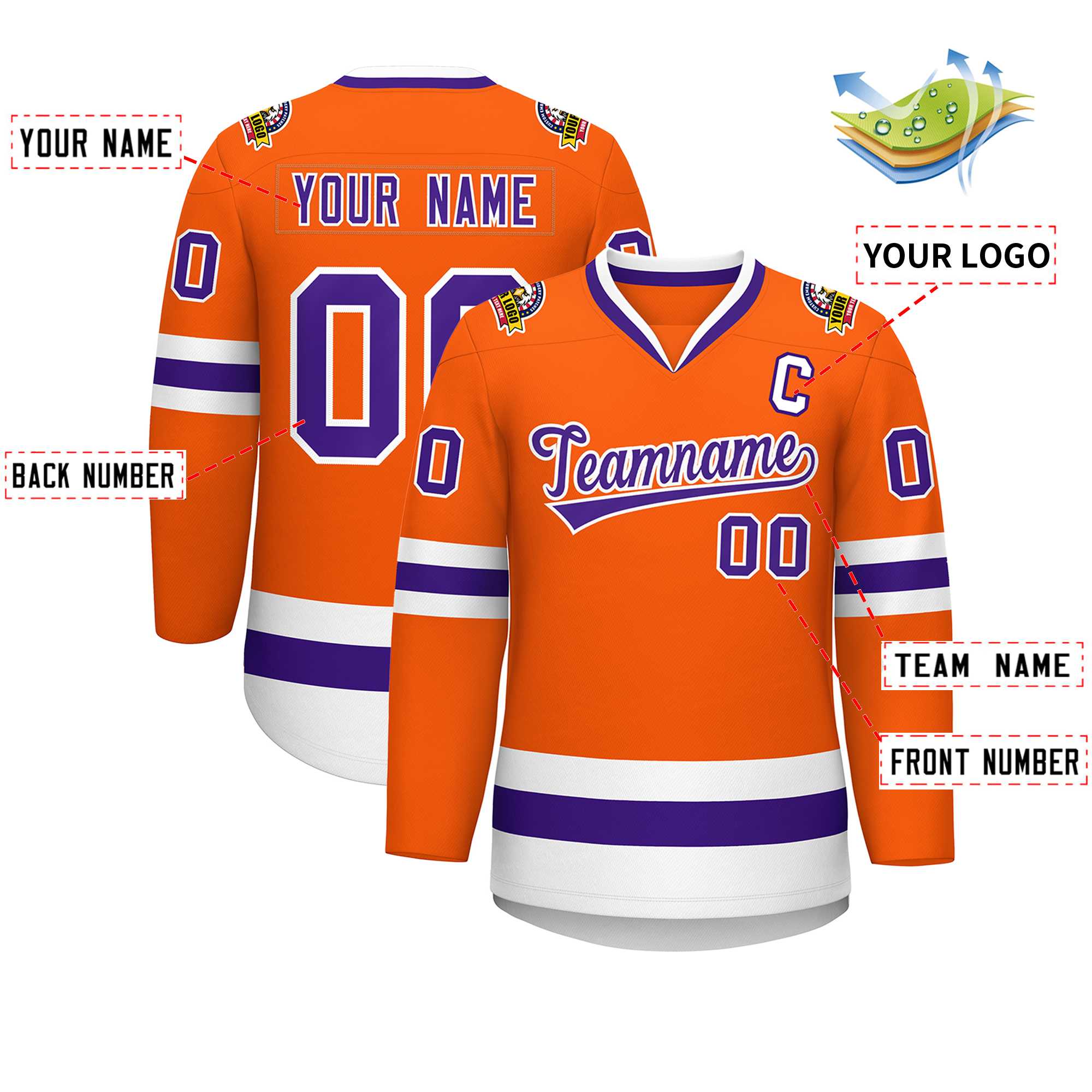 Maillot de hockey de style classique orange violet-blanc personnalisé