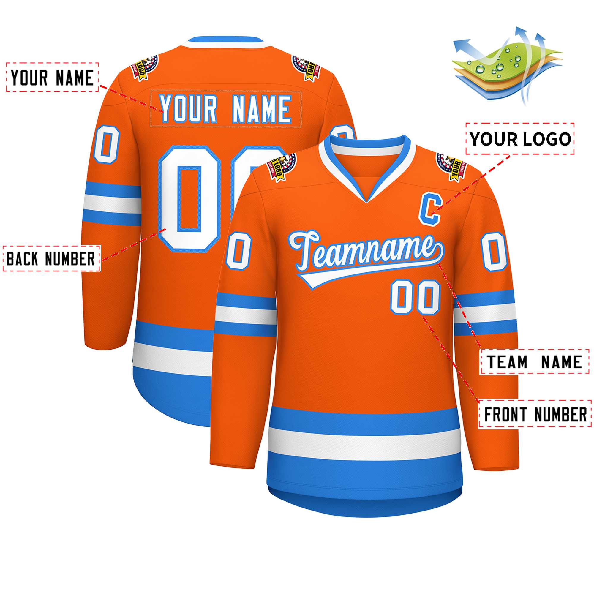 Maillot de hockey de style classique orange blanc-bleu poudre personnalisé