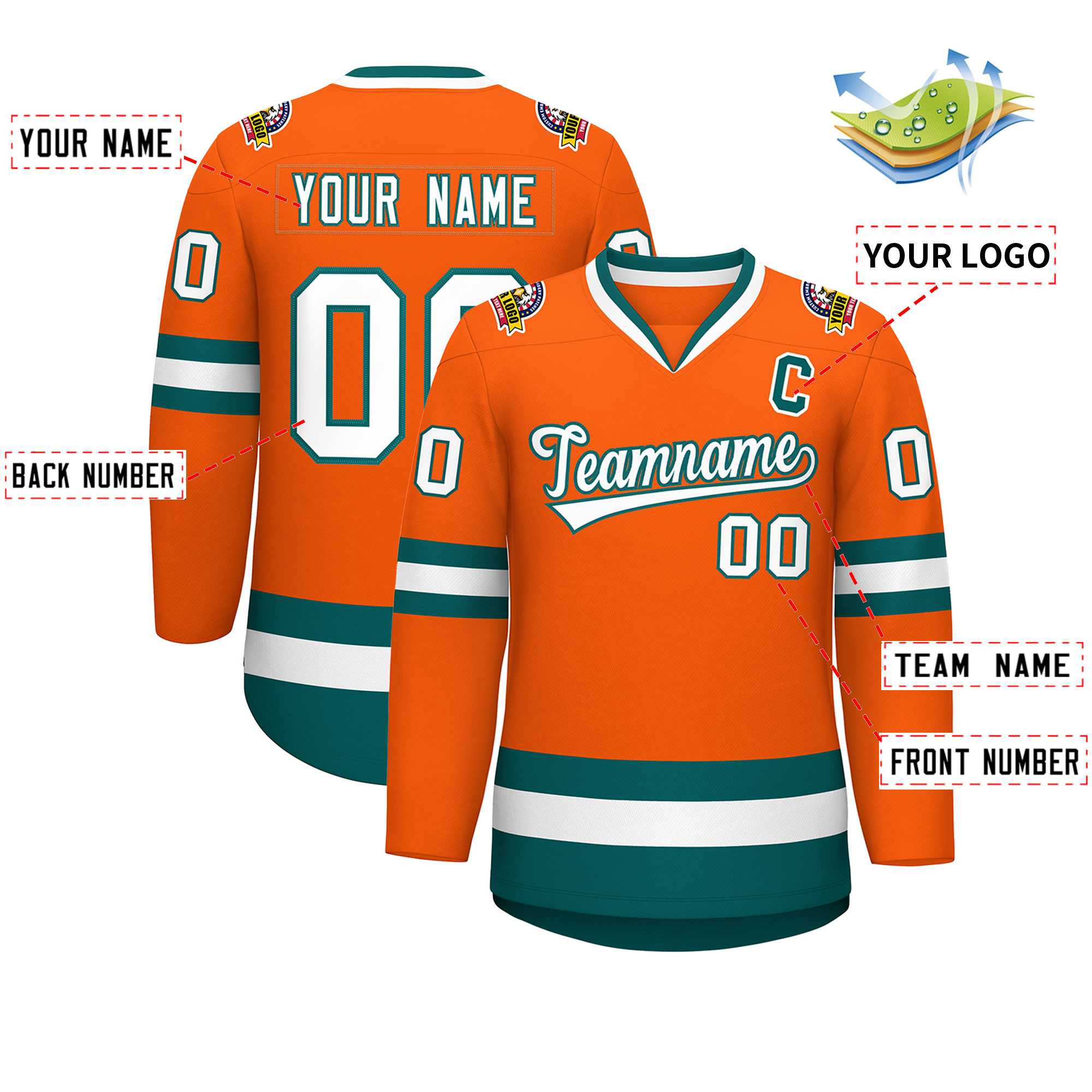 Maillot de hockey de style classique orange blanc-aqua personnalisé