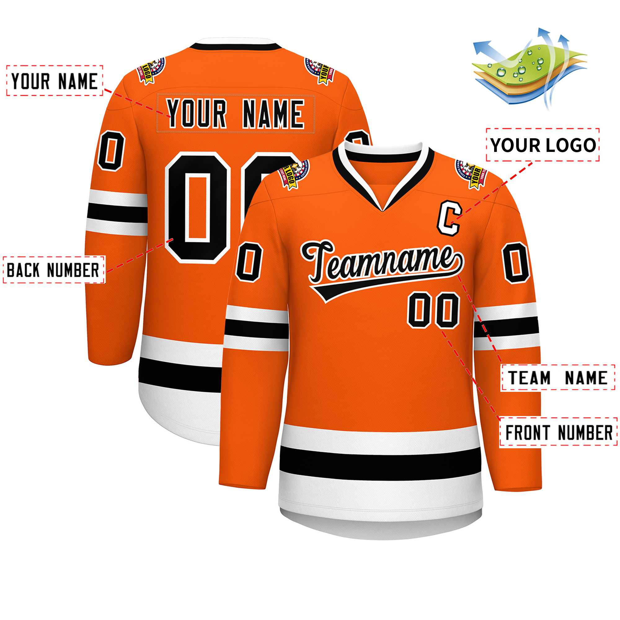 Maillot de hockey de style classique orange noir-blanc personnalisé