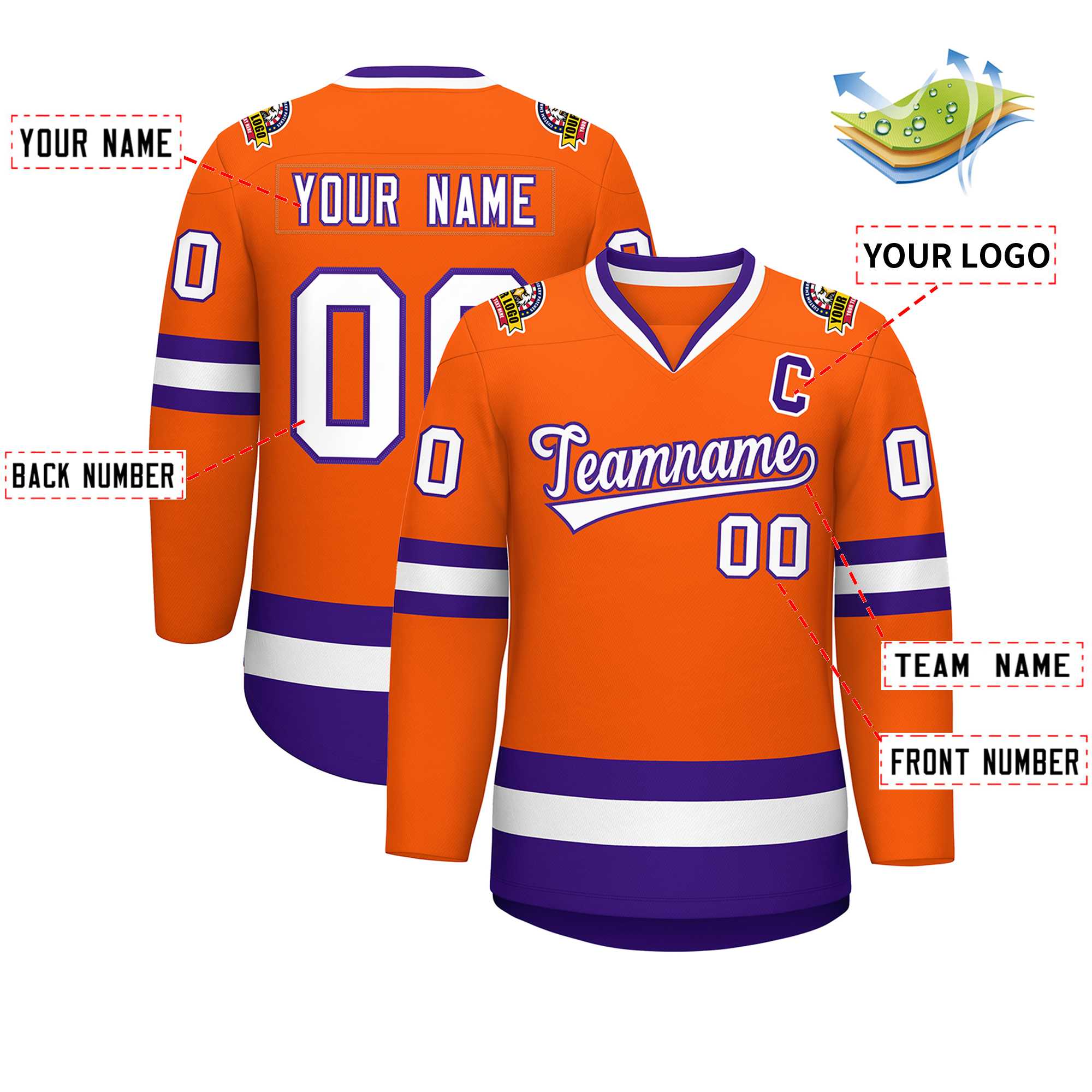 Maillot de hockey de style classique orange blanc-violet personnalisé