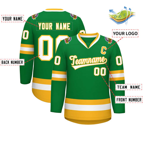 Custom Kelly Green White-Gold Classic Style Hockey Jersey