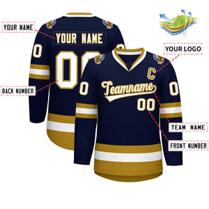 Custom Navy White-Old Gold Classic Style Hockey Jersey