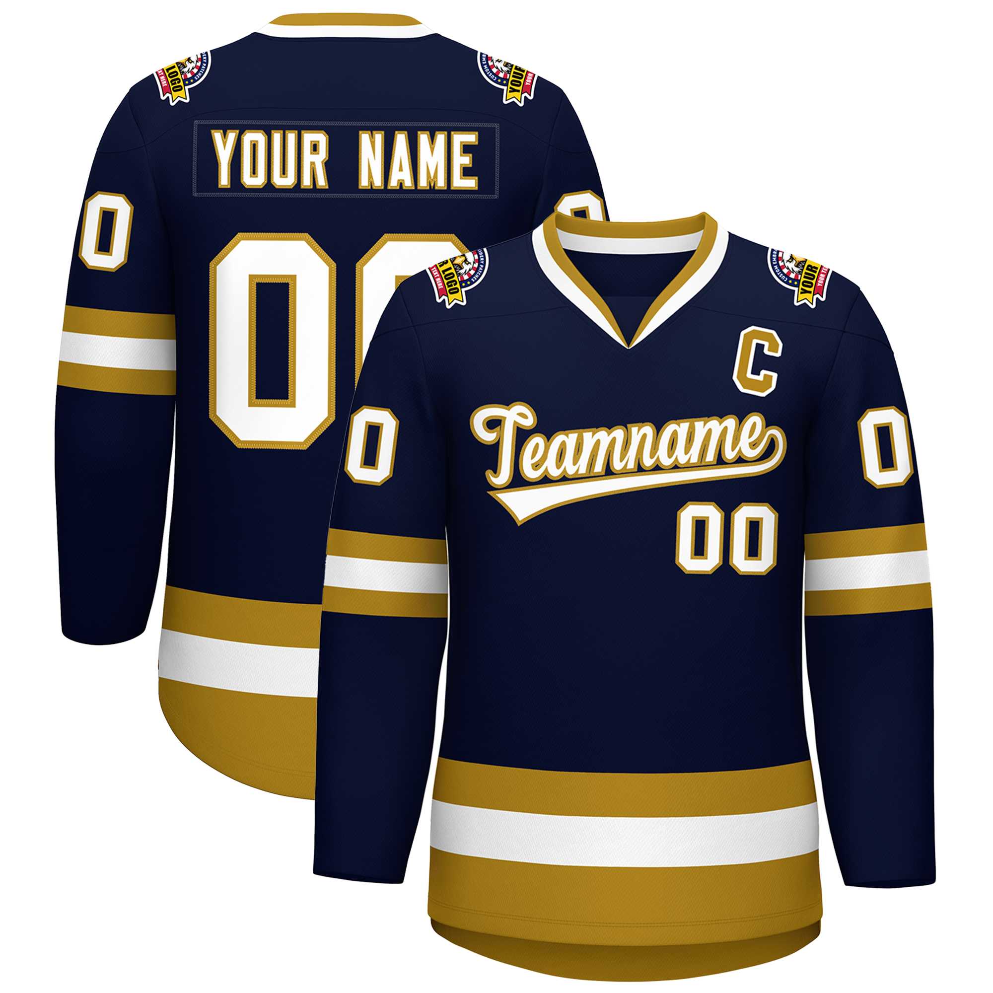 Custom Navy White-Old Gold Classic Style Hockey Jersey