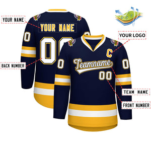 Custom Navy White Navy-Gold Classic Style Hockey Jersey