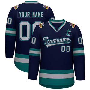 Custom Navy Gray Navy-Aqua Classic Style Hockey Jersey