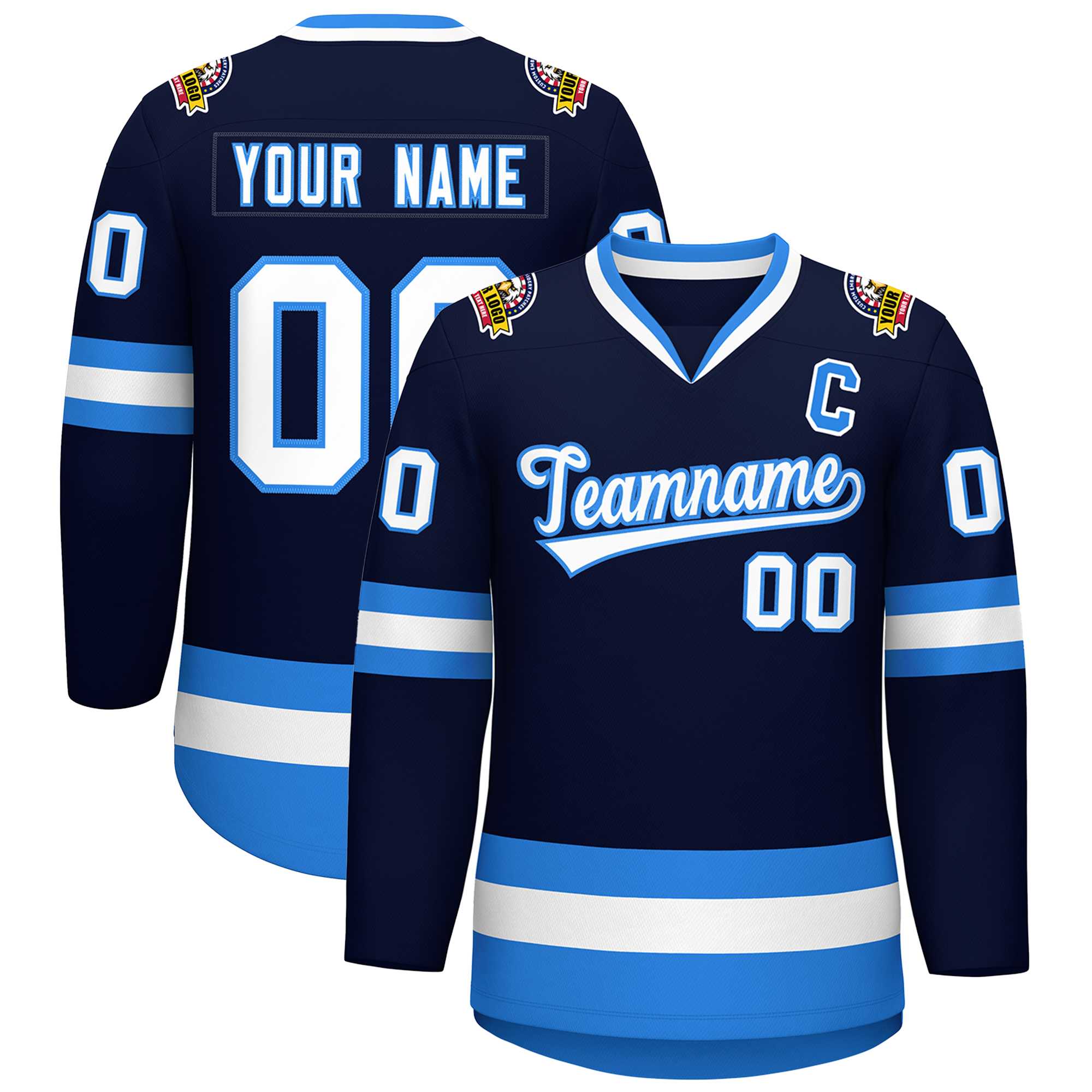 Custom Navy White-Powder Blue Classic Style Hockey Jersey