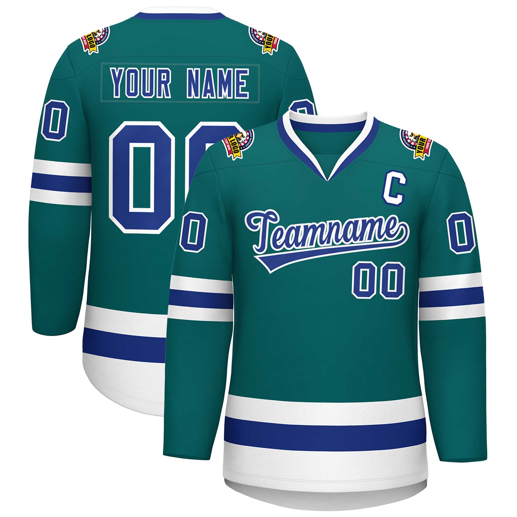 Custom Teal Royal-White Classic Style Hockey Jersey