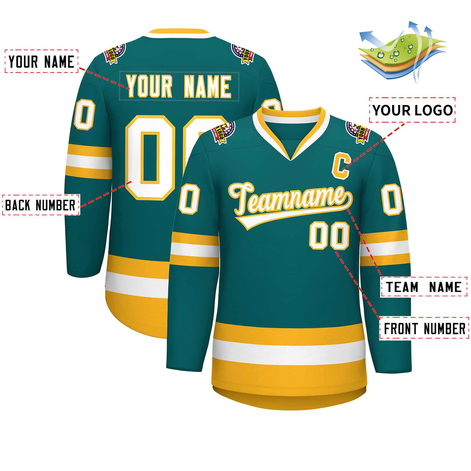 Custom Teal White-Gold Classic Style Hockey Jersey