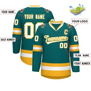 Custom Teal White-Gold Classic Style Hockey Jersey