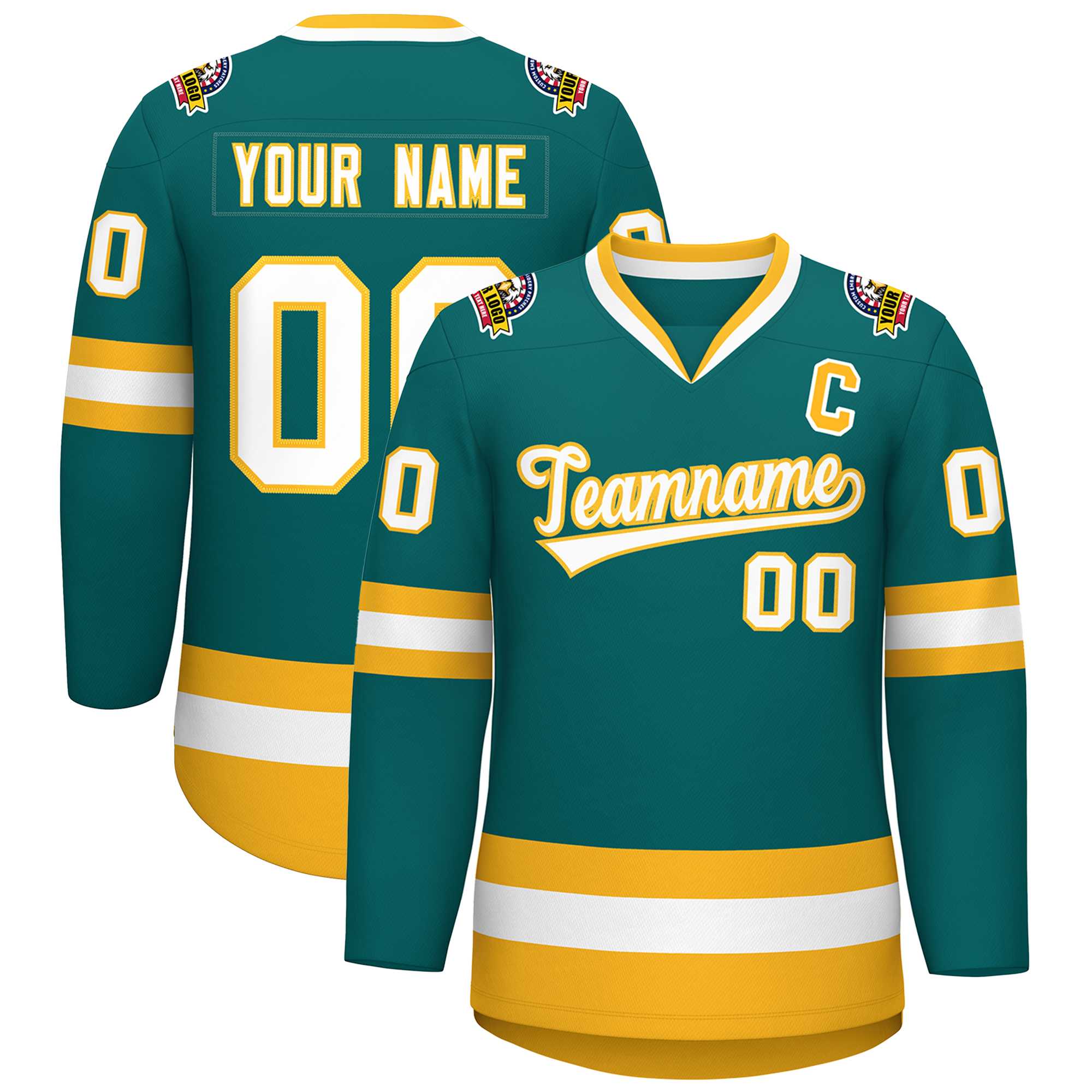 Custom Teal White-Gold Classic Style Hockey Jersey