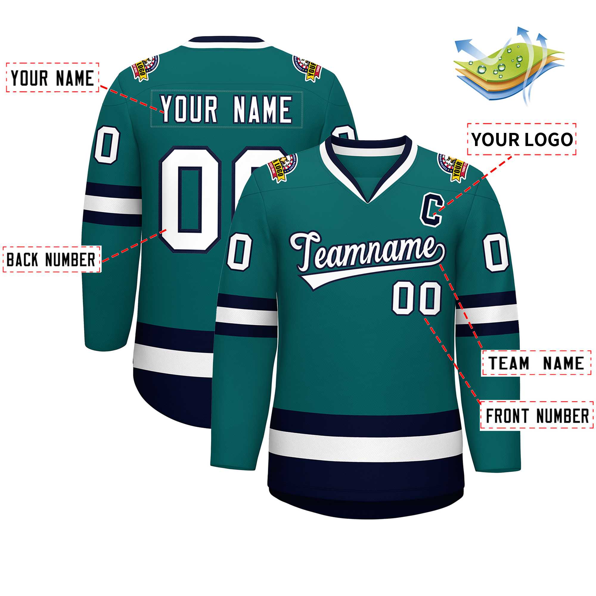 Custom Teal White-Navy Classic Style Hockey Jersey