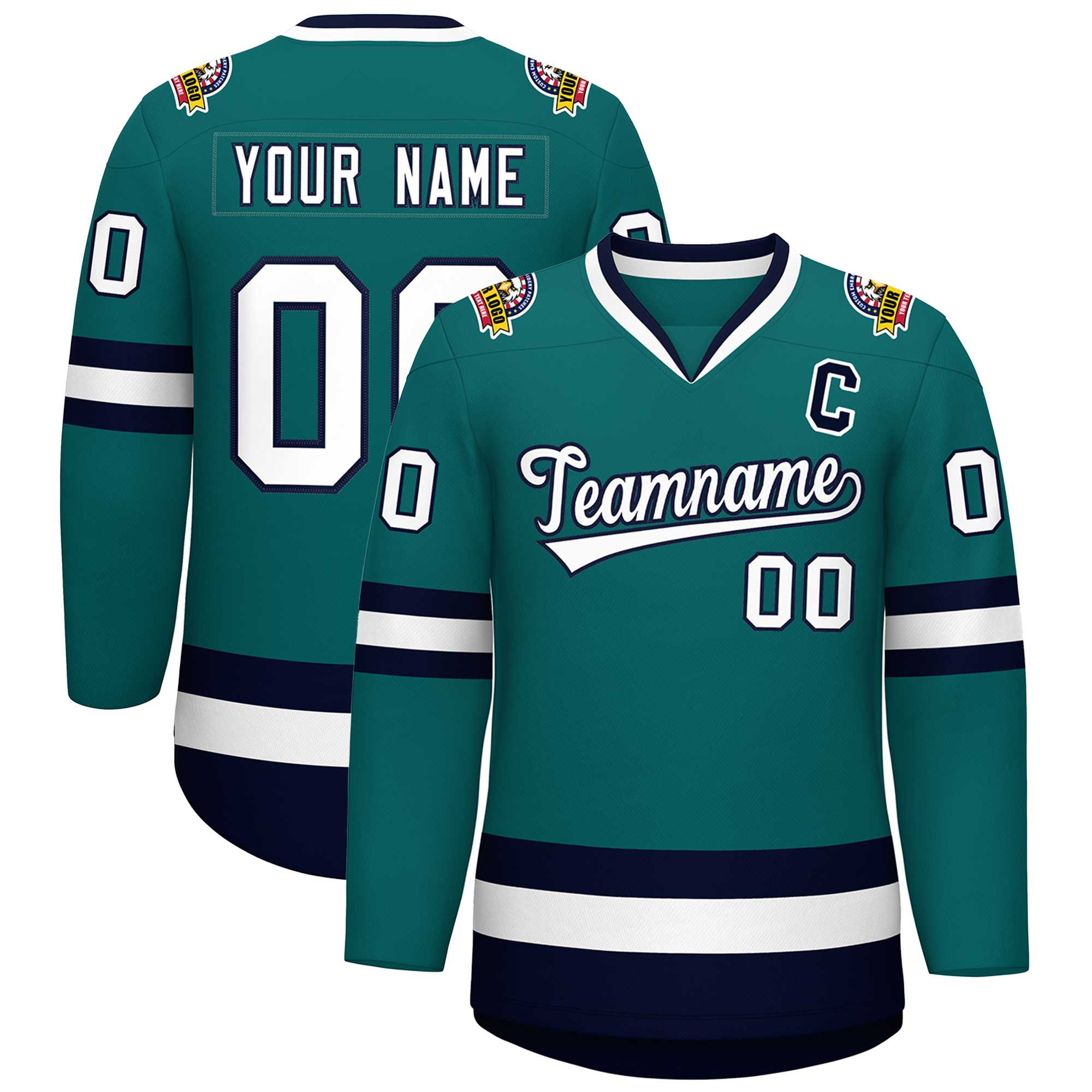 Custom Teal White-Navy Classic Style Hockey Jersey