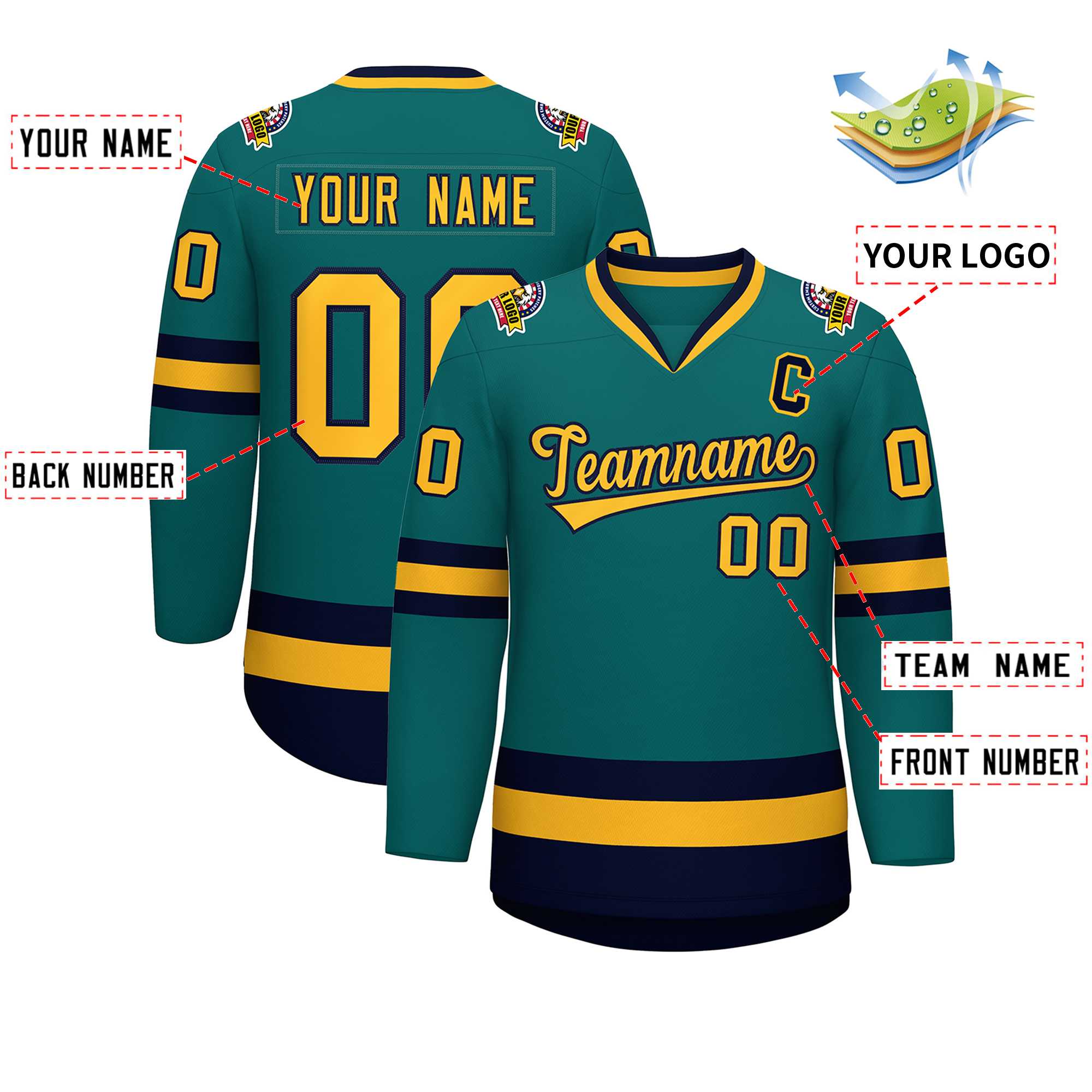 Custom Teal Gold-Navy Classic Style Hockey Jersey