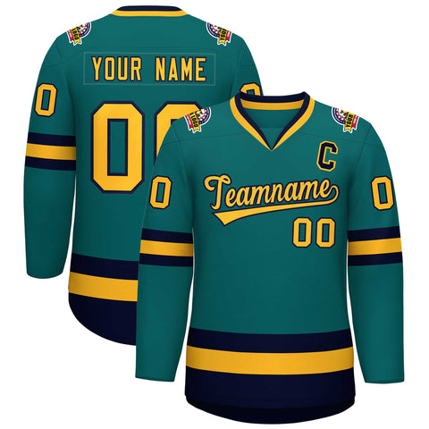 Custom Teal Gold-Navy Classic Style Hockey Jersey