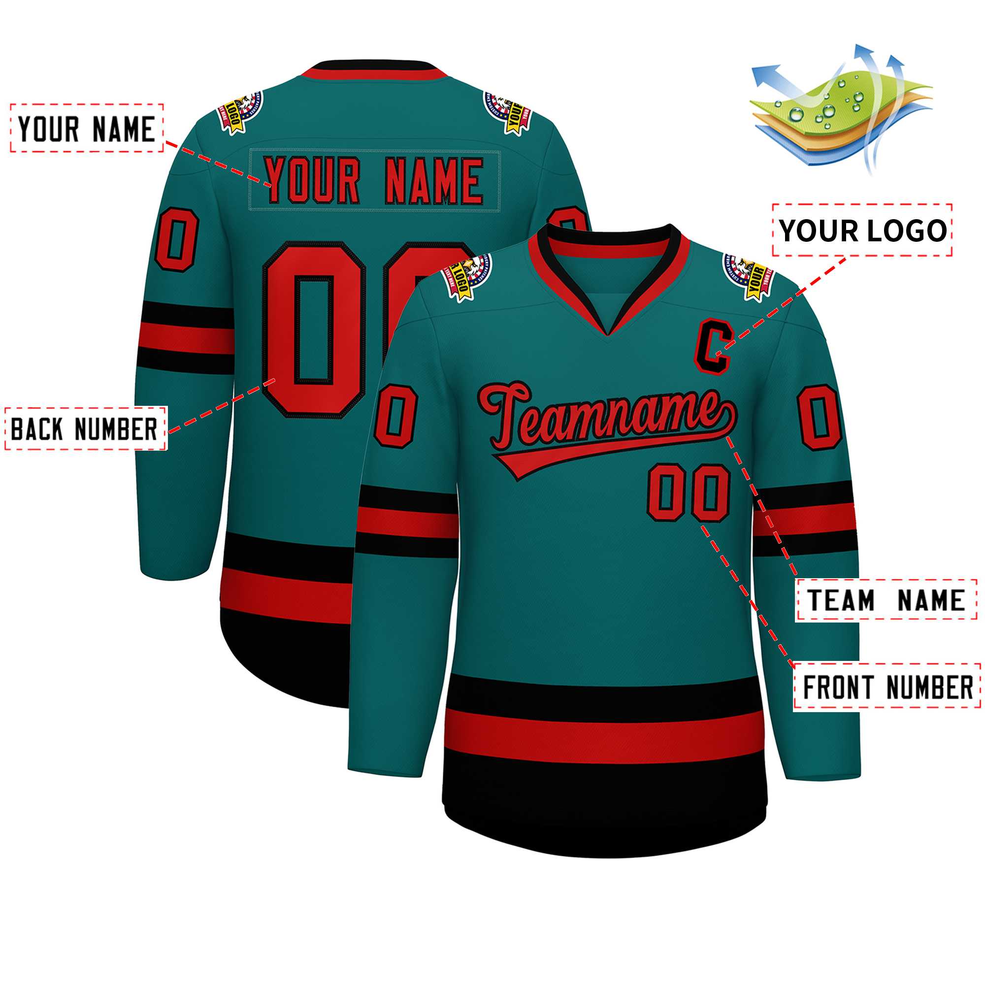 Custom Teal Red-Black Classic Style Hockey Jersey