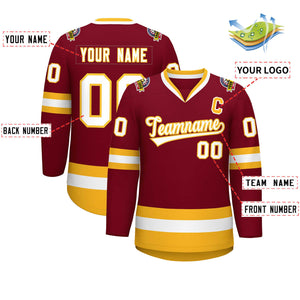 Custom Crimson White-Gold Classic Style Hockey Jersey