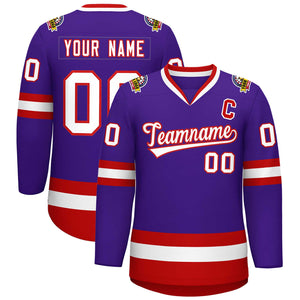 Maillot de hockey de style classique violet blanc-rouge personnalisé