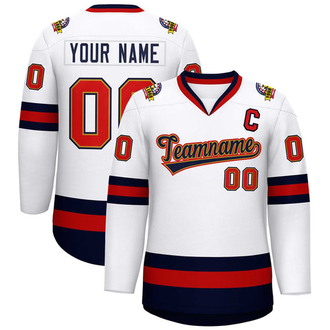 Custom White Navy Old Gold-Red Classic Style Hockey Jersey