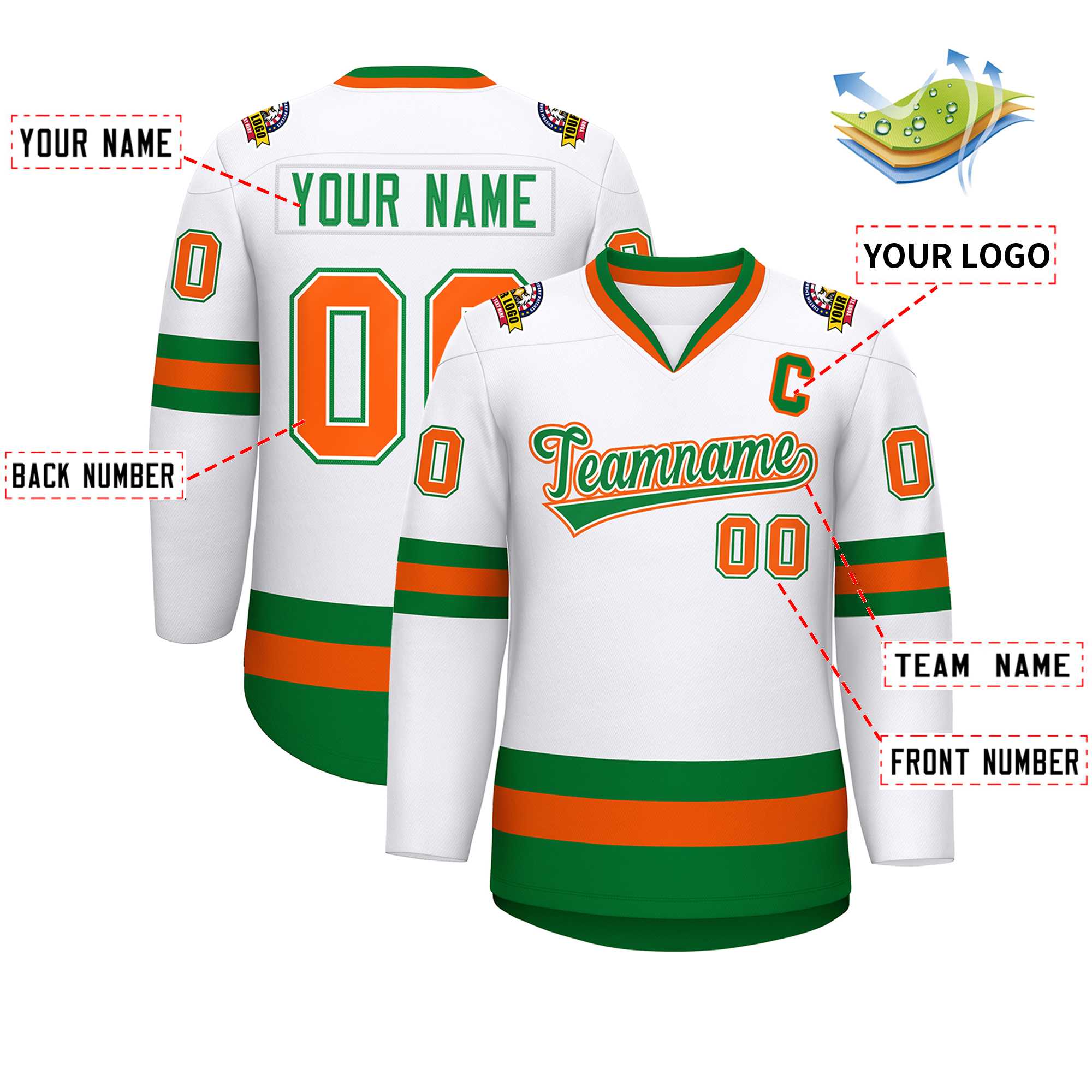 Maillot de hockey personnalisé blanc Kelly vert blanc-Orange, style classique