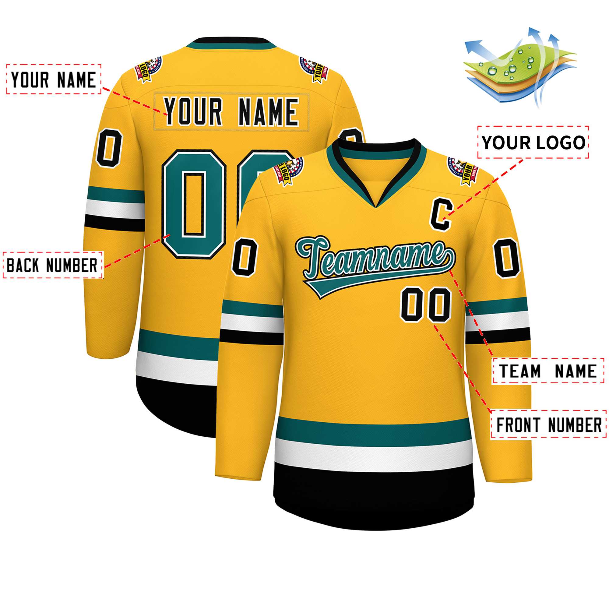 Maillot de hockey de style classique personnalisé Gold Aqua blanc-noir