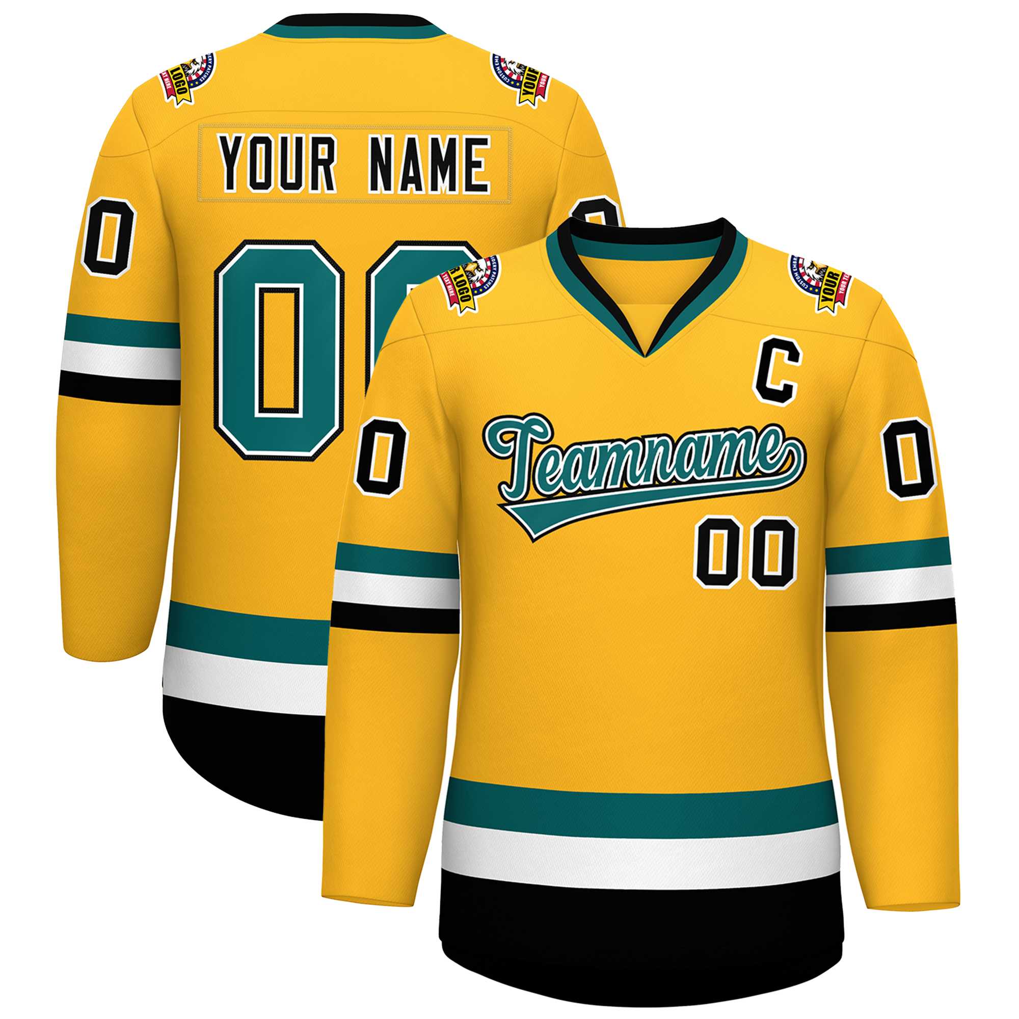 Maillot de hockey de style classique personnalisé Gold Aqua blanc-noir