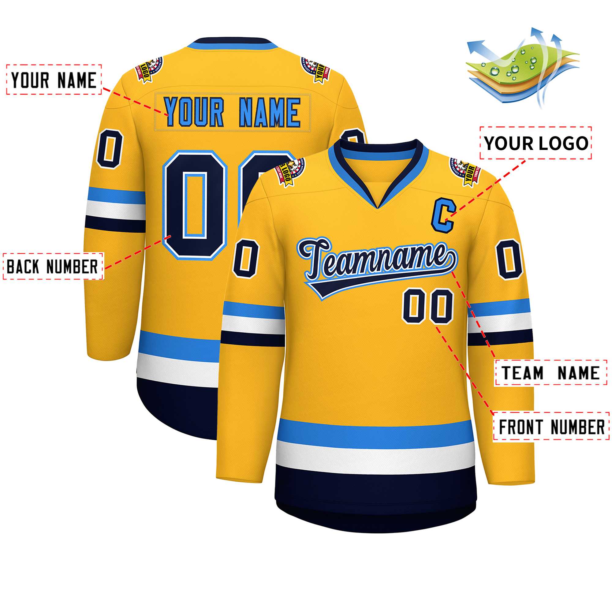 Custom Gold Navy White-Powder Blue Classic Style Hockey Jersey