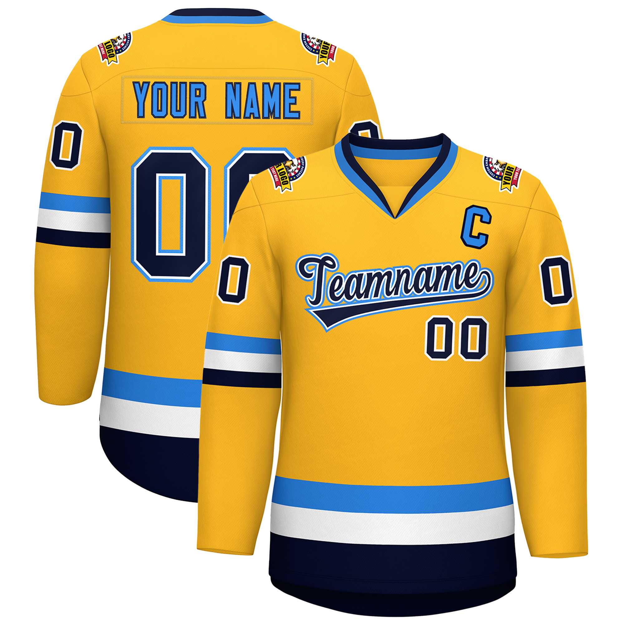 Custom Gold Navy White-Powder Blue Classic Style Hockey Jersey