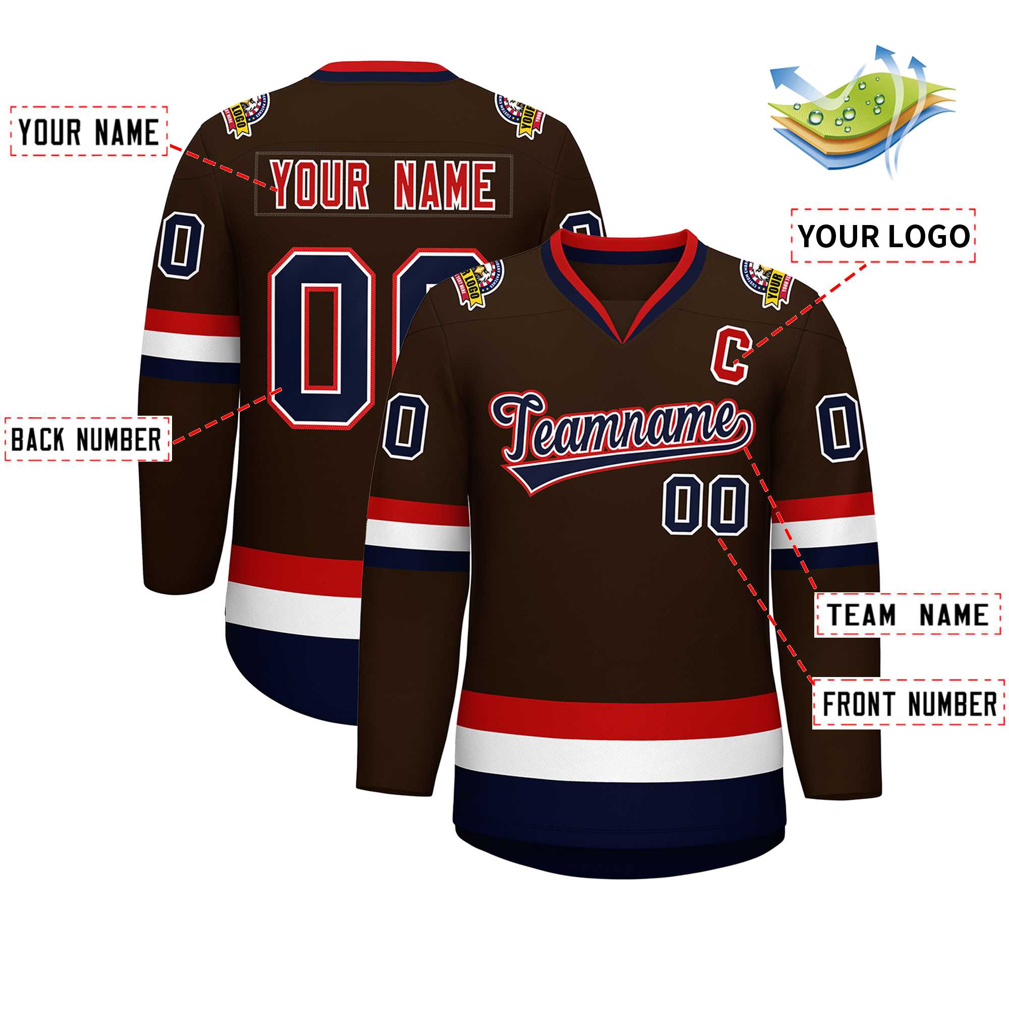 Custom Brown Navy White-Red Classic Style Hockey Jersey