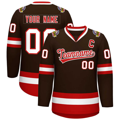 Custom Brown Red-White Classic Style Hockey Jersey
