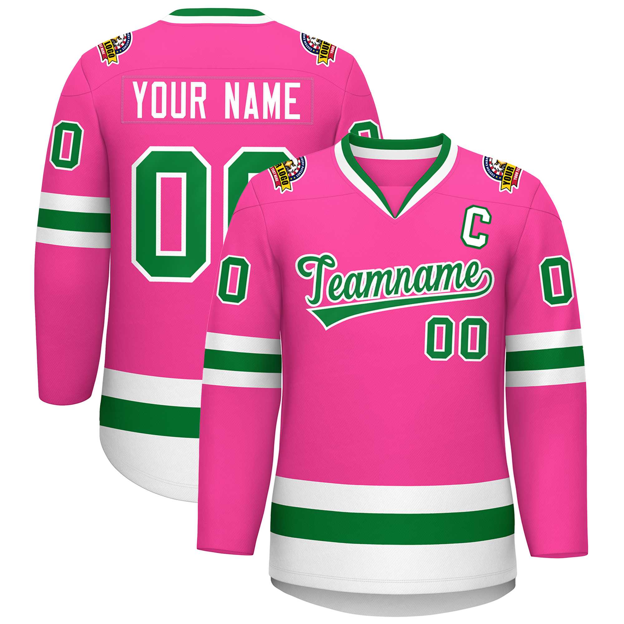 Custom Pink Kelly Green-White Classic Style Hockey Jersey