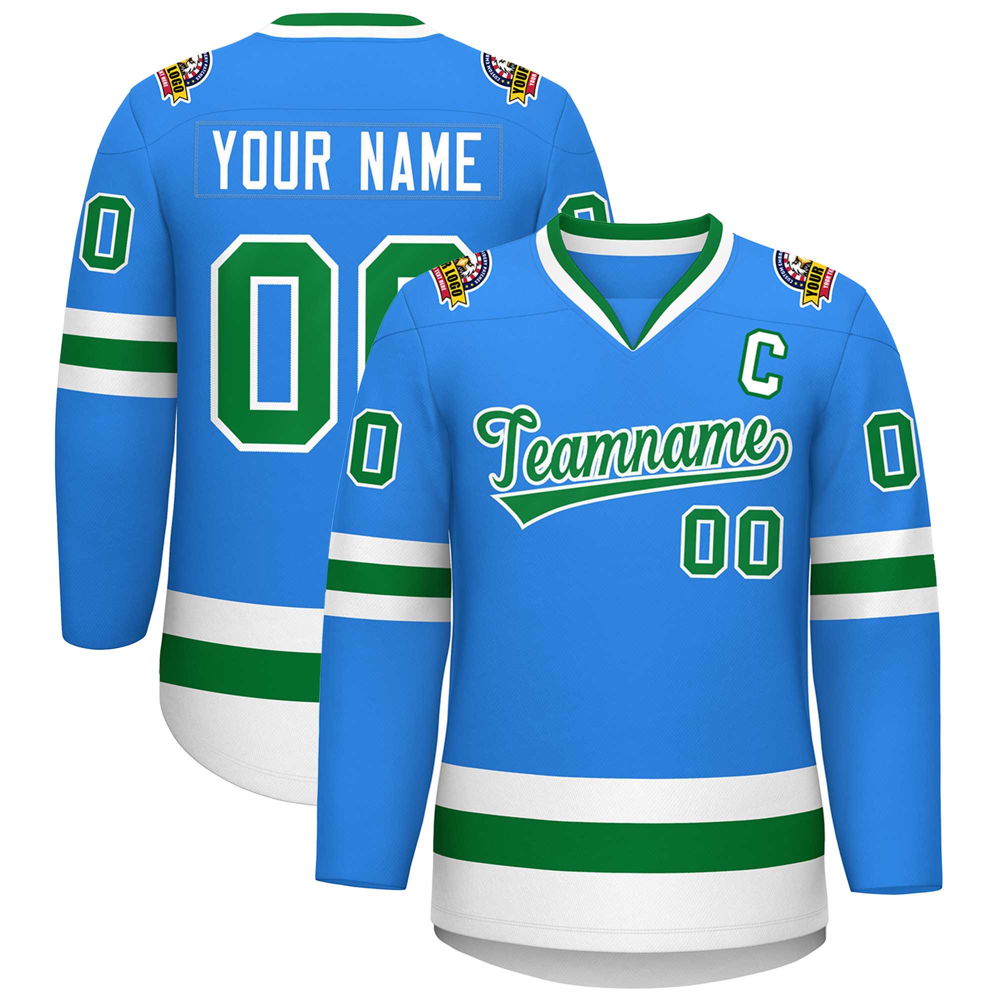 Maillot de hockey de style classique Kelly vert-blanc bleu poudre personnalisé