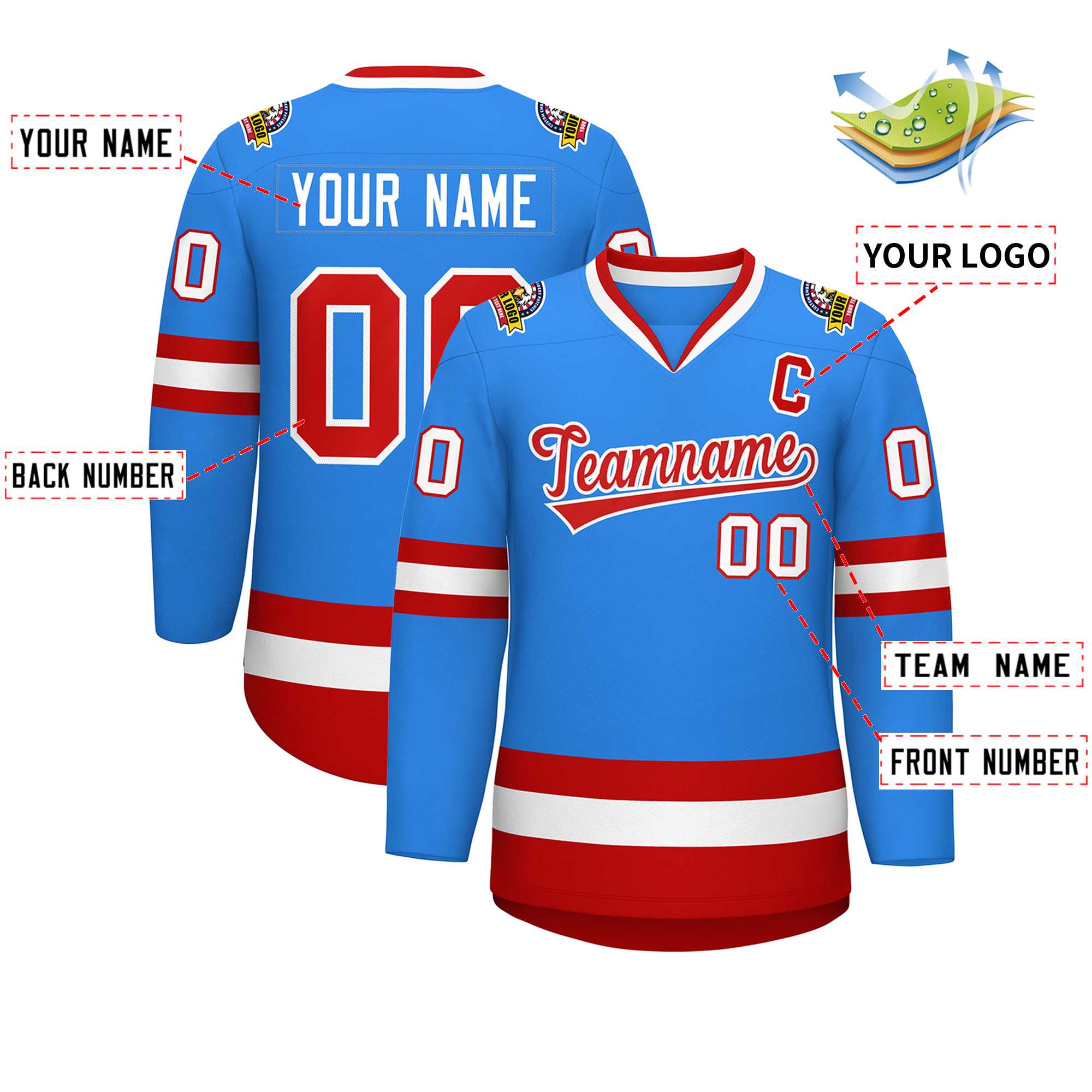 Custom Powder Blue Red-White Classic Style Hockey Jersey