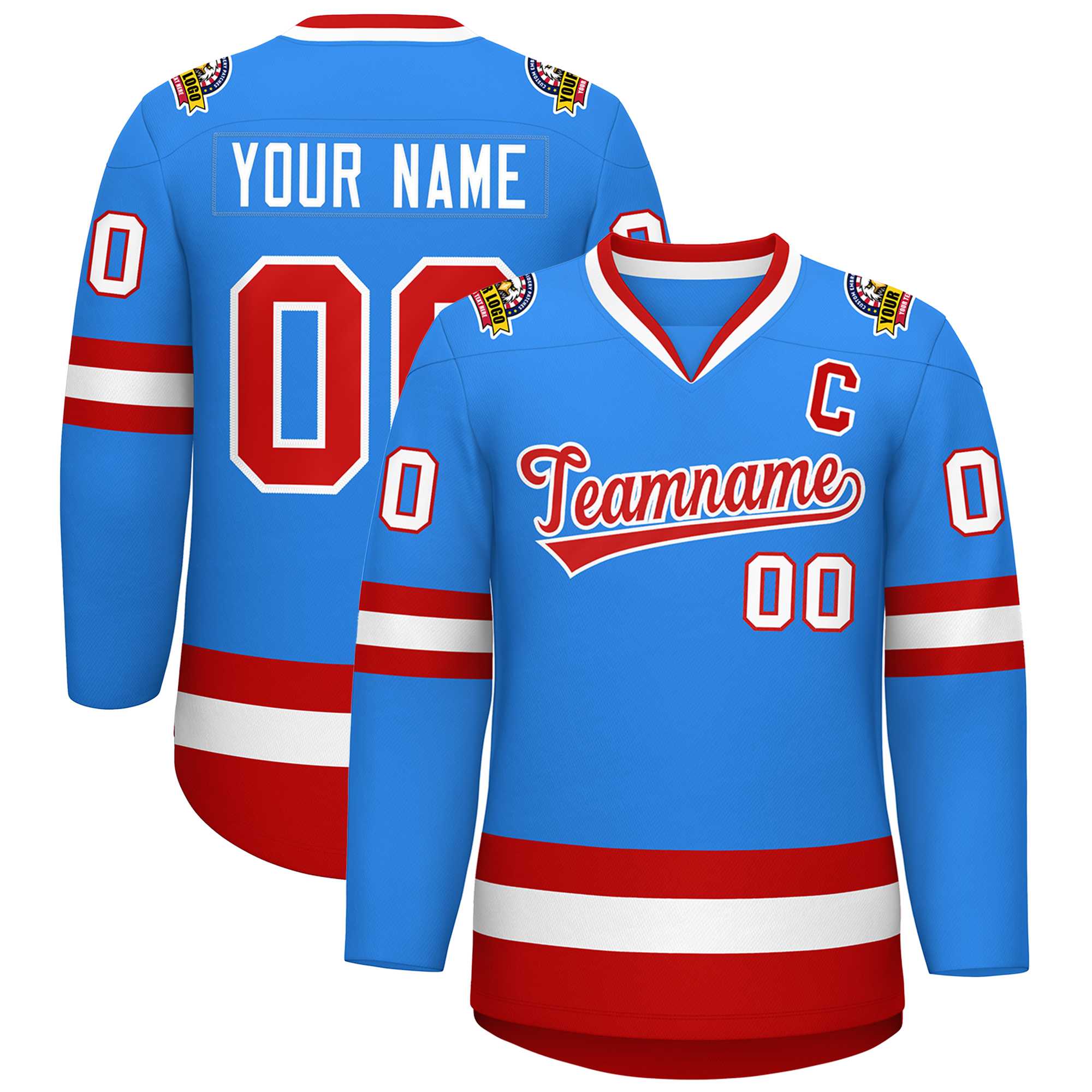 Custom Powder Blue Red-White Classic Style Hockey Jersey