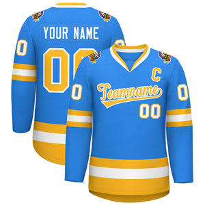 Custom Powder Blue Gold-White Classic Style Hockey Jersey