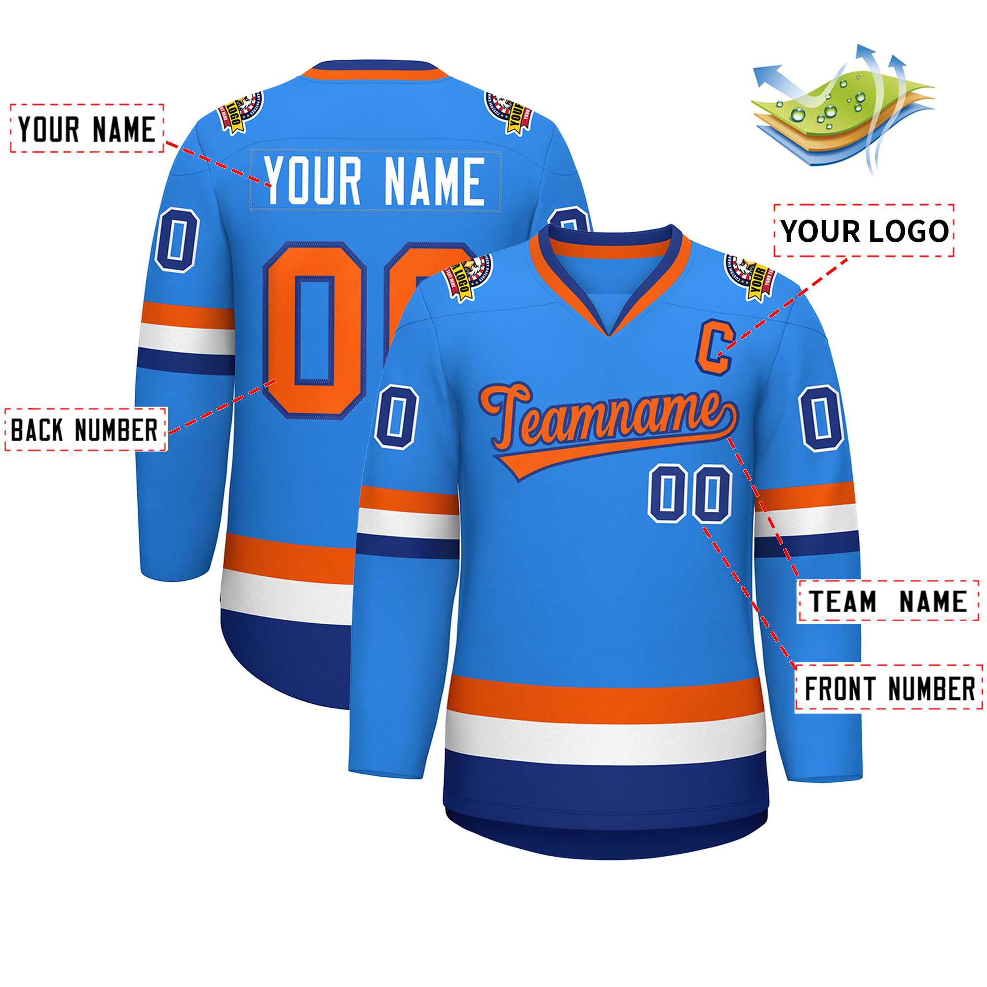 Custom Powder Blue Orange-Royal Classic Style Hockey Jersey