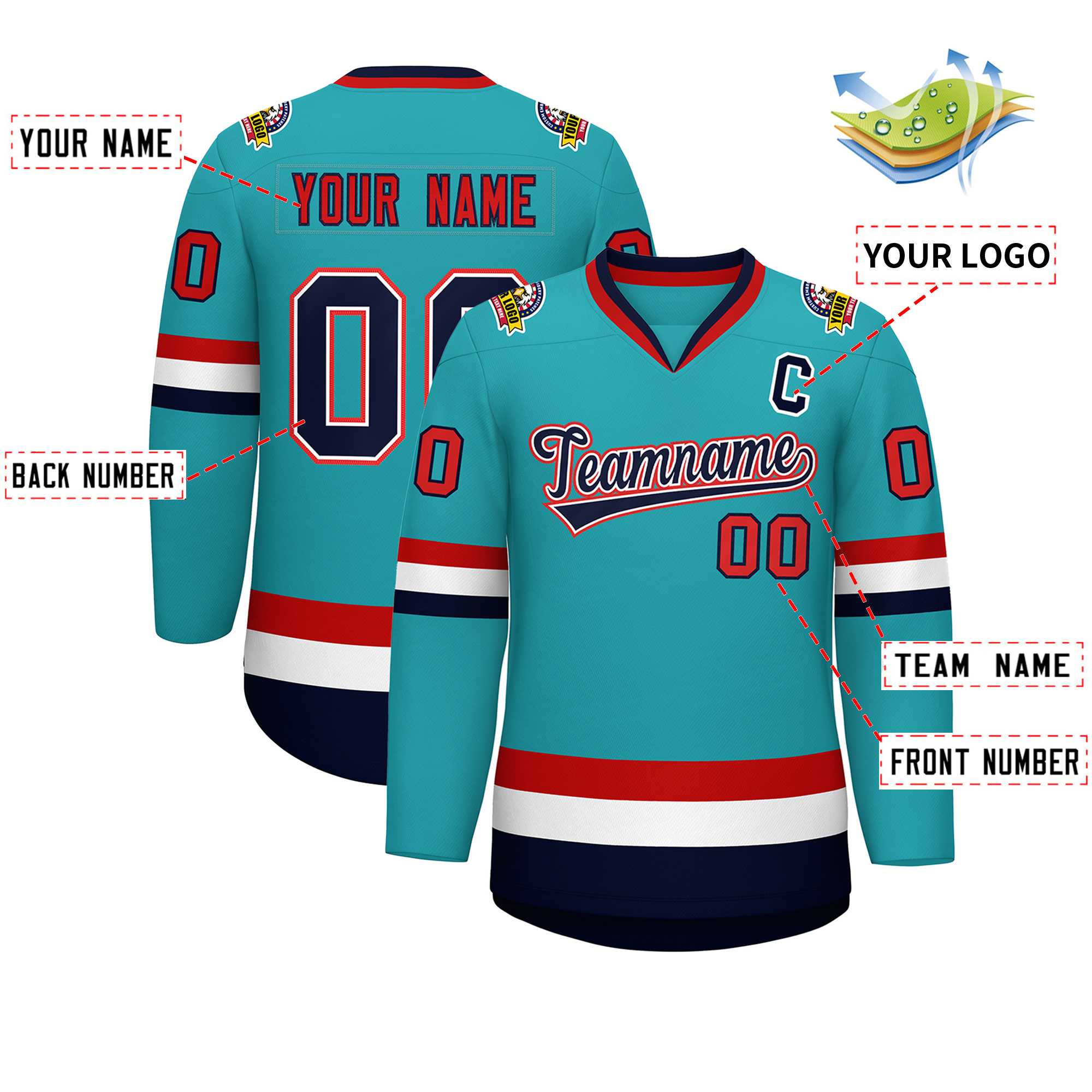 Custom Aqua Navy White-Red Classic Style Hockey Jersey