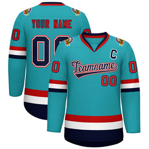 Custom Aqua Navy White-Red Classic Style Hockey Jersey