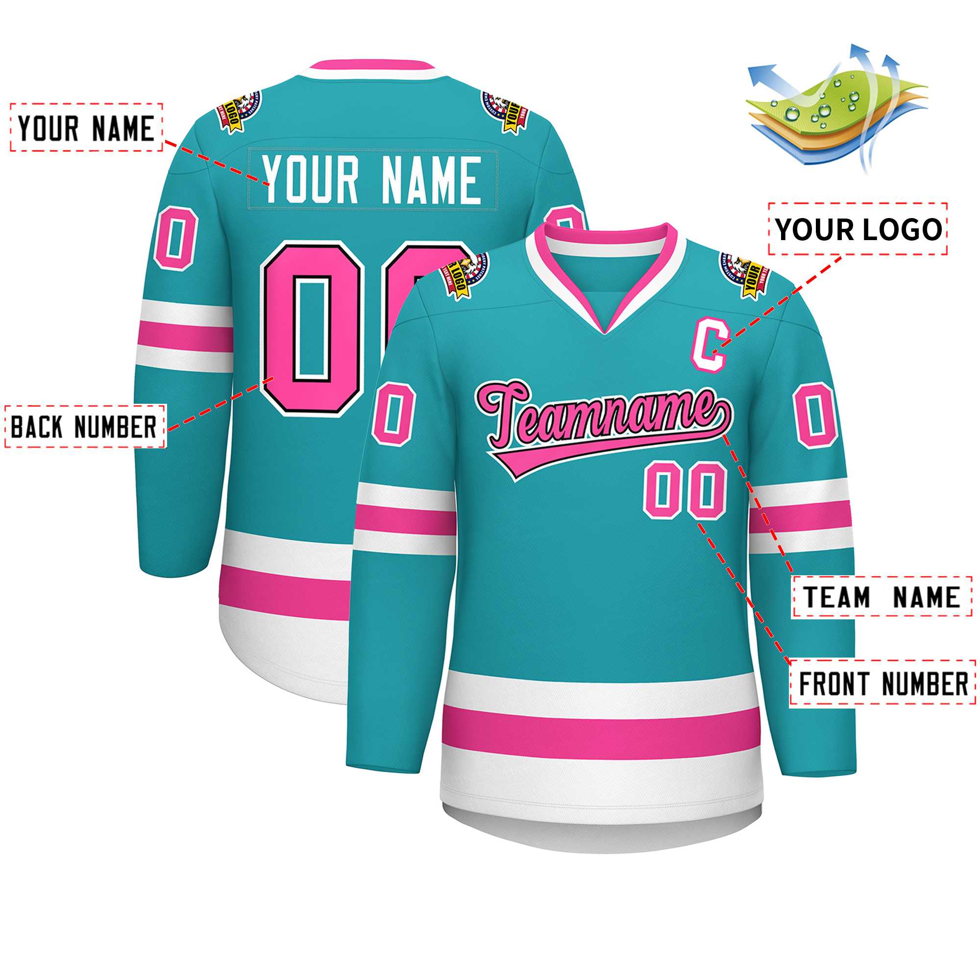 Maillot de hockey de style classique personnalisé Aqua Pink Navy-White