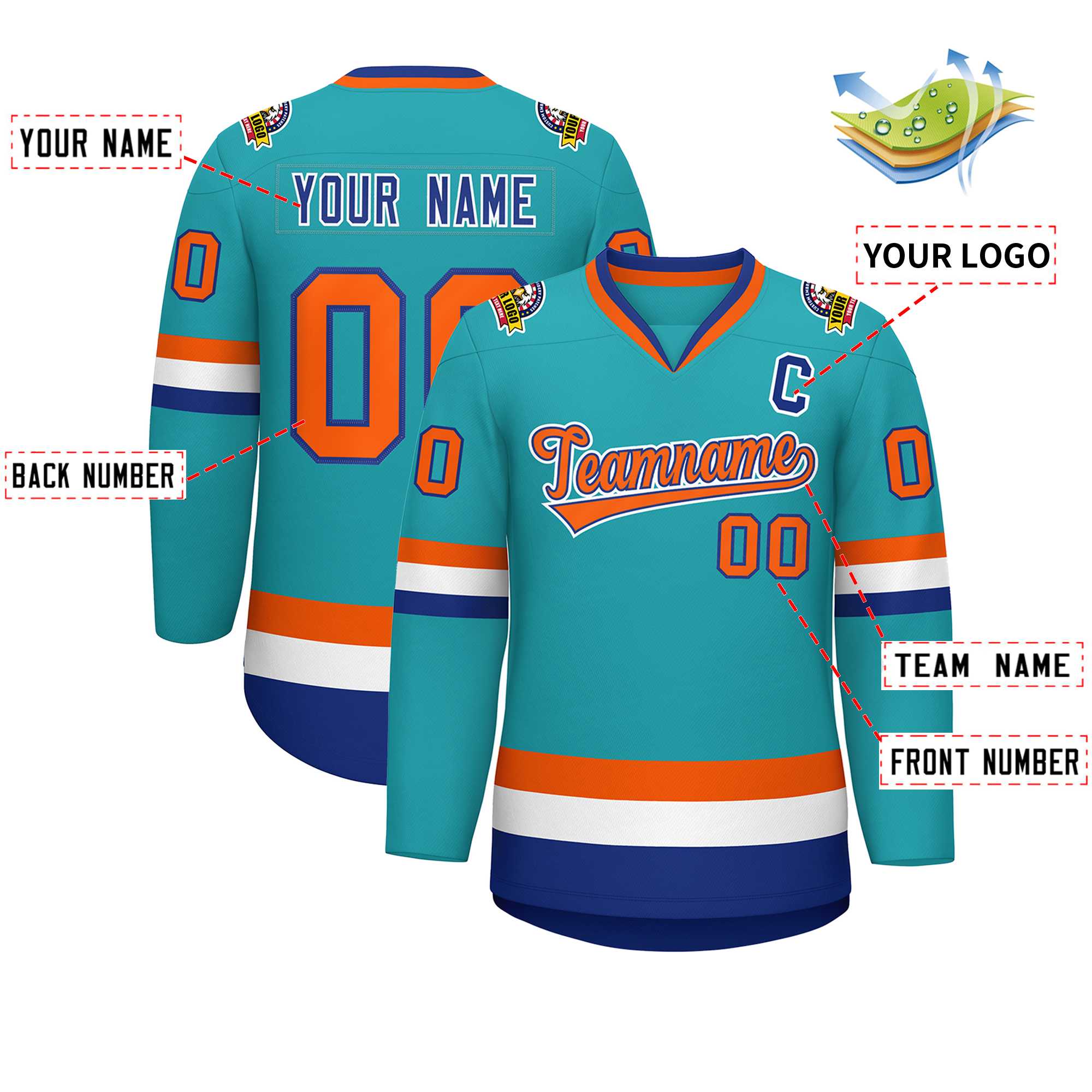 Custom Aqua Orange Royal-White Classic Style Hockey Jersey