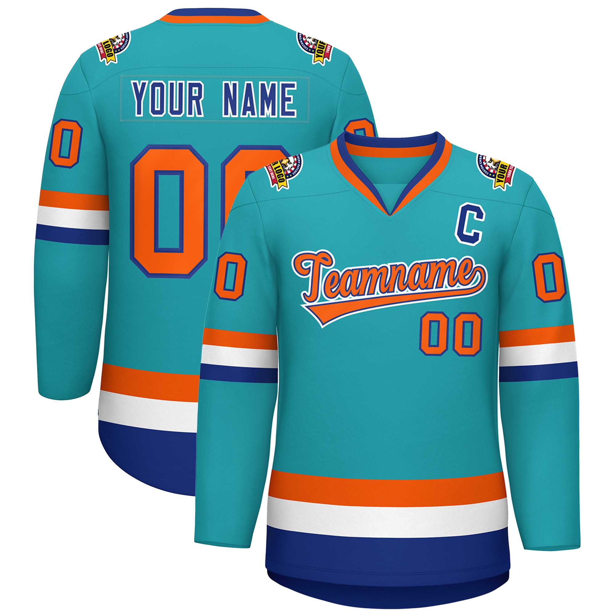 Custom Aqua Orange Royal-White Classic Style Hockey Jersey