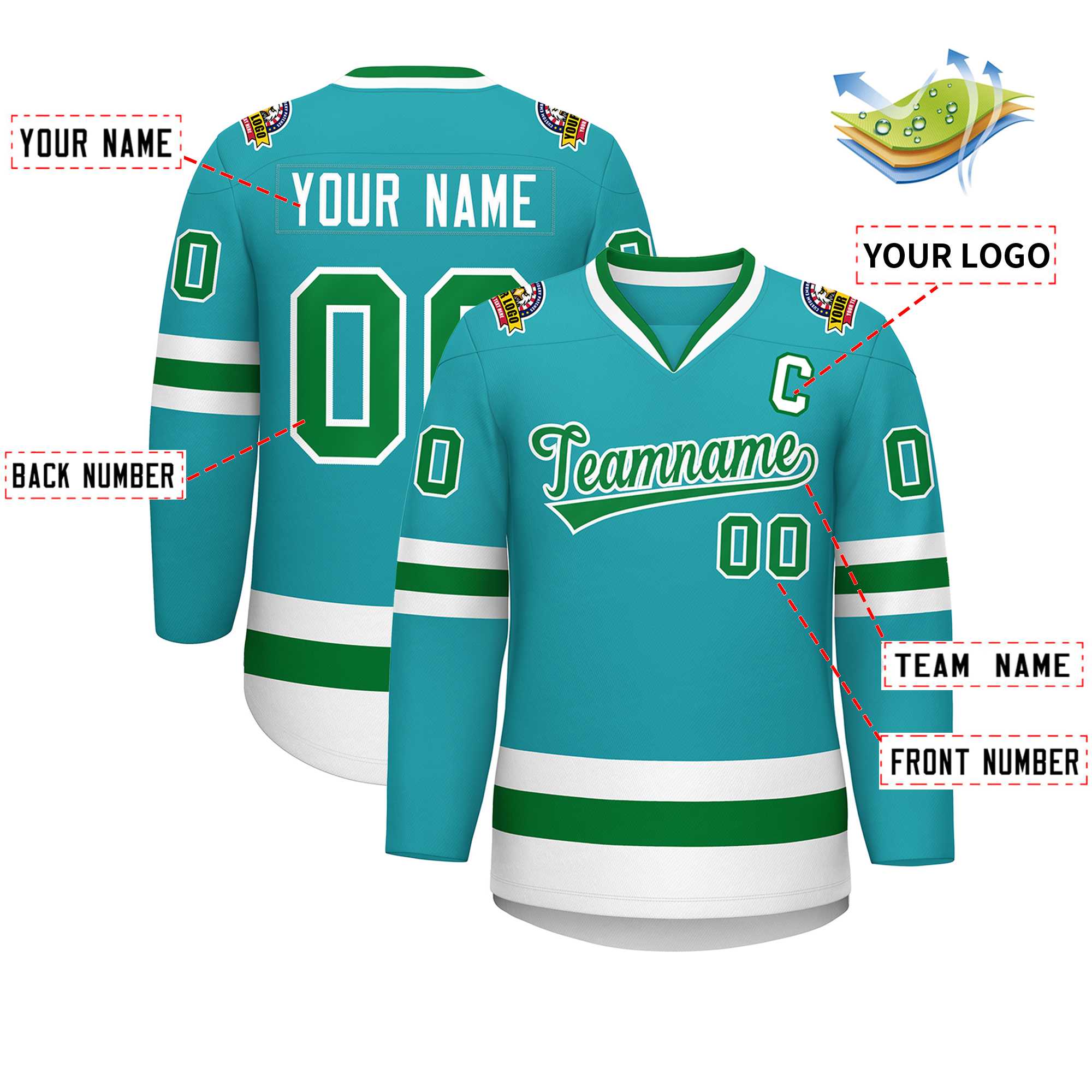 Maillot de hockey de style classique Aqua Kelly personnalisé vert-blanc