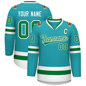 Custom Aqua Kelly Green-White Classic Style Hockey Jersey