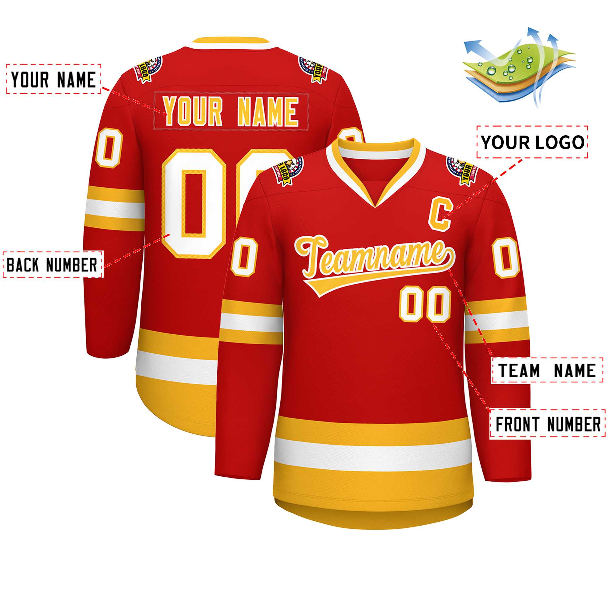 Custom Red Gold-White Classic Style Hockey Jersey