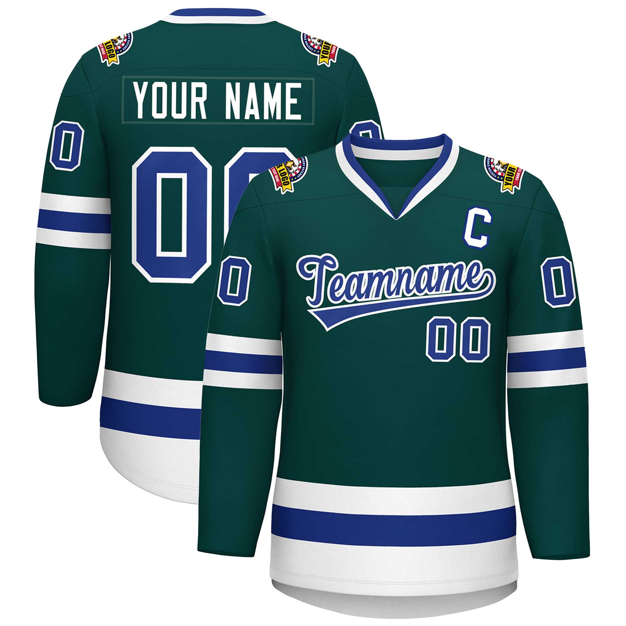 Maillot de hockey personnalisé de style classique, vert minuit, royal-blanc