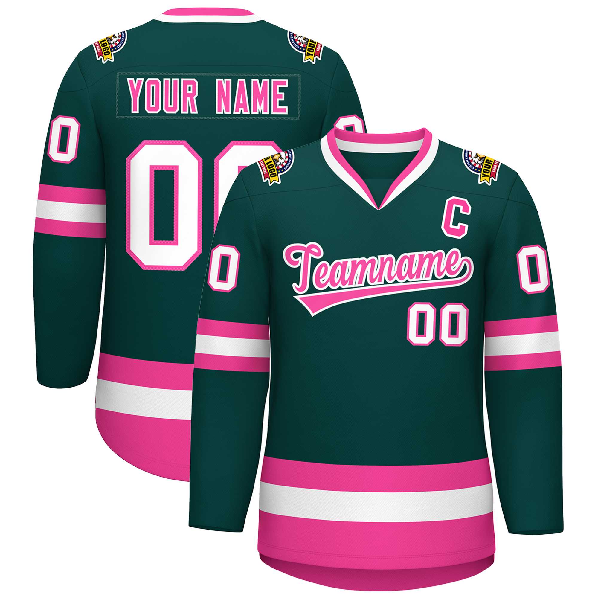 Maillot de hockey de style classique personnalisé vert minuit rose-blanc