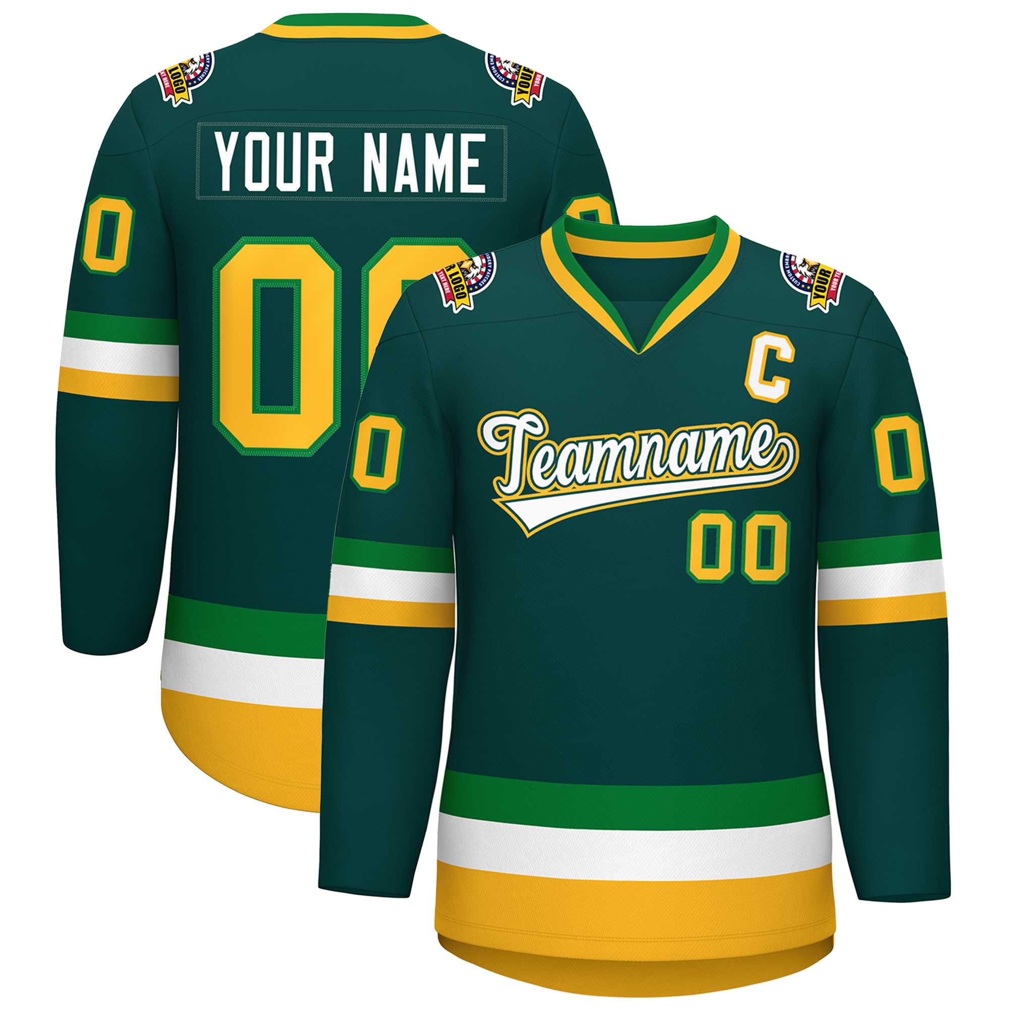 Custom Midnight Green White Kelly Green-Gold Classic Style Hockey Jersey